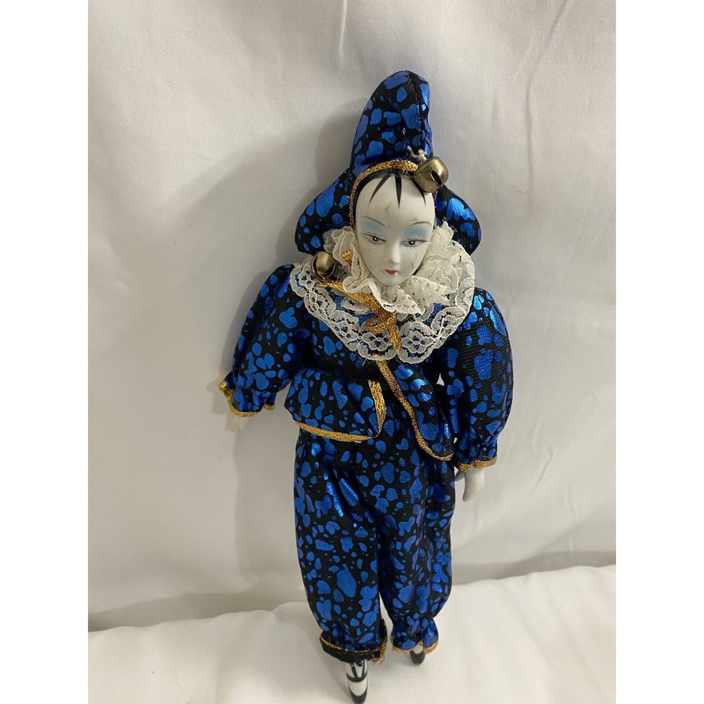 Vintage Porcelain Clown Doll Blue Harlequin 10" Figure Display Decor